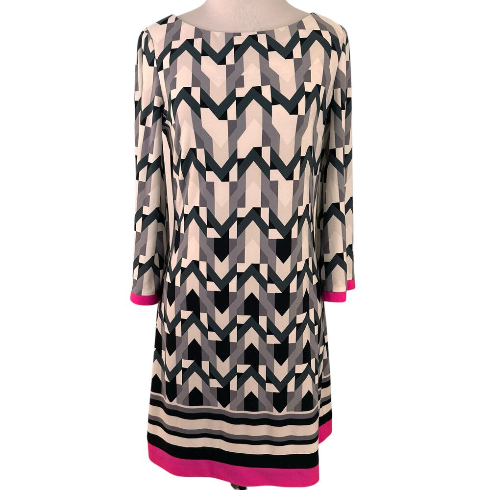 Eliza J. Geometric Print Pink Trim 3/4 Sleeve Shift Dress Size 4